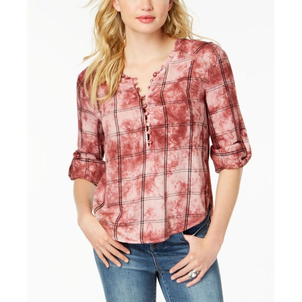 American Rag Juniors Tie Dye Plaid Button Up Top